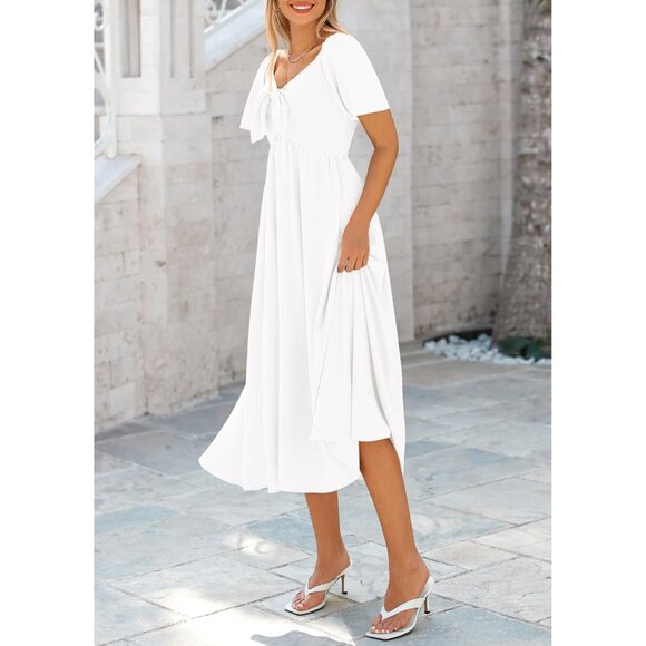 🆕Women White Polyester Casual Summer Dress Bow Tie V Neck Ruffle Midi Flowy - Picture 9 of 9